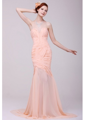Column Sweetheart Beading and Ruche Peach prom Dress with High Silt