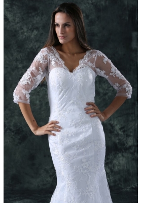 Column V-Neck Brush Train Appliques Lace Wedding Dress with Half Sleeves