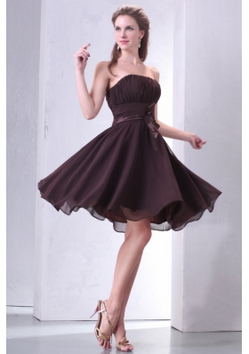 Elegant Brown Strapless Knee-length Prom Dress with Sash and Ruching