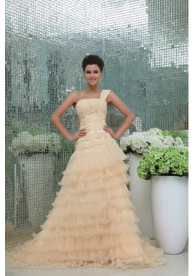 Elegant Princess One Shoulder Brush Train Champagne Appliques and Ruching Chiffon Prom Dress