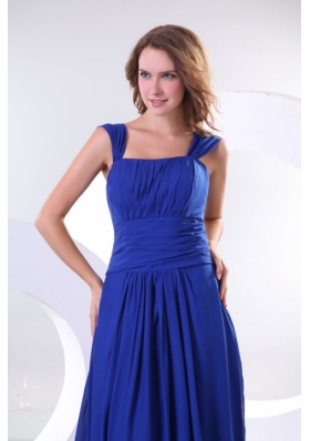 Empire Chiffon Blue Wide Straps Brush Train Prom Dress with Ruche