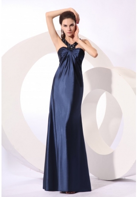 Empire Halter Navy Blue Beading Long Elastic Woven Satin Prom Dress