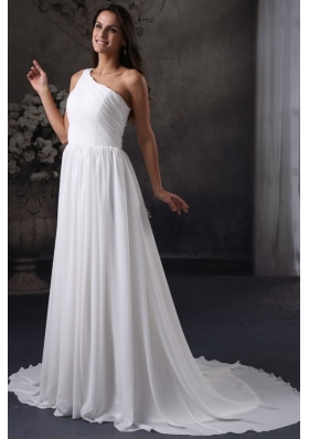 Empire One Shoulder Chiffon Ruching Side Zipper Wedding Dress with Court Train