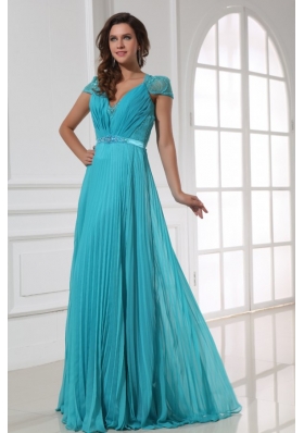 Empire V-neck Floor-length Beading Cap Sleeves Prom Dress with Pleats