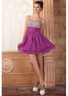 Fuchsia Short Mini-length Spaghetti Straps Prom Dress with Beading