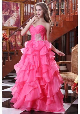 Hot Pink A-line Sweetheart Prom Dress with Beading and Ruffles