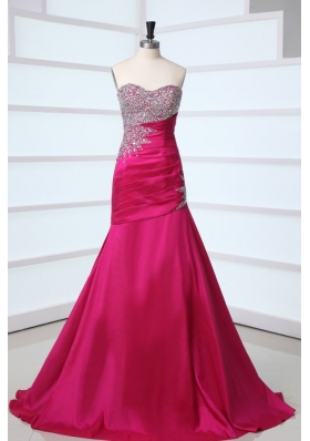 Hot Pink Sweetheart A-line Beading and Rhinestone Sweep Train Prom Dress