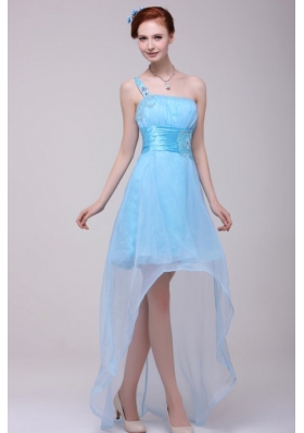 Light Blue One Shoulder High-low Beaded Decorate Prom Dress for Girls