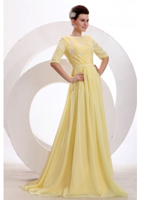 Light Yellow Empire Bateau Appliques with Beading Short Sleeves Prom Dress