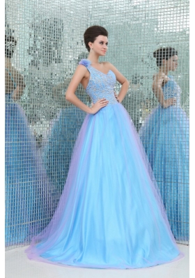 Lovely Princess One Shoulder Beading Tulle Floor-length Blue Prom Dress