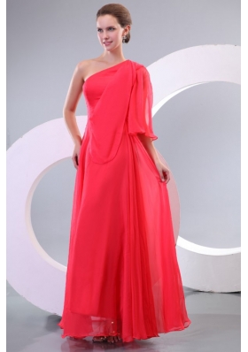 Empire One Shoulder Floor-length 3/4 Sleeve Prom Dress in Coral Red