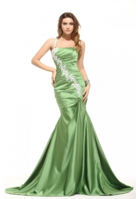 Mermaid One Shoulder Olive Green Prom Dress with White Appliques