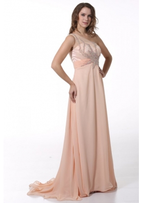 Peach Empire One Shoulder Brush Train Prom Dress with Beading