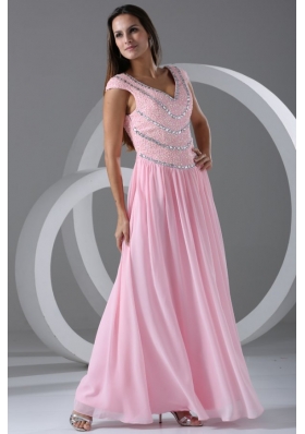 Pink Empire V-neck Cap Sleeves Prom Dress with Beading