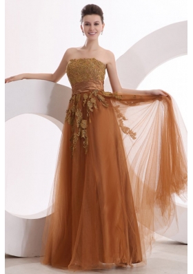 Popular Strapless Empire Floor-length Appliques Prom Dress in Brown