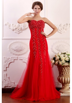 Red Column Sweetheart Brush Train Prom Dress with Beading