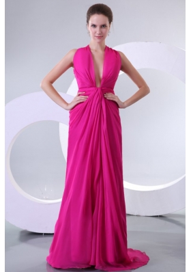 Sexy Fuchsia Column V-neck Criss-cross Prom Dress with Ruche