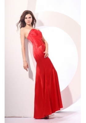 Simple Red Column Sweetheart Ruching Satin Long Prom Dress
