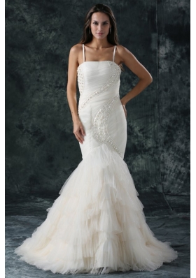 Spaghetti Strap Mermaid Beaded Decorate Tulle Wedding Dress
