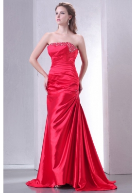 Strapless Coral Red A-line Sweep Train Beaded Decorate Prom Dress