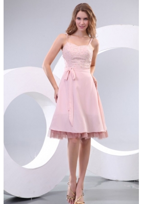 Straps Baby Pink Empire Knee-length Prom Dress with Beading and Bowknot
