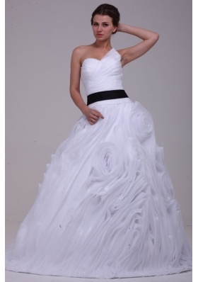 Sweetheart Ball Gown One Shoulder Ruffles White Wedding Dress with Lace Up