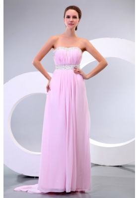 Sweetheart Empire Chiffon Sweep Train Baby Pink Prom Dress with Beading