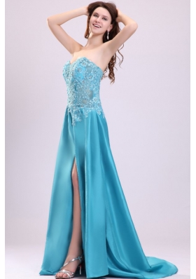 Sweetheart Empire Teal Sweep Train Prom Dress with White Embroidery