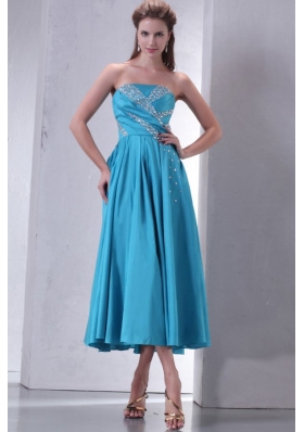 Teal Empire Strapless Tea-length Prom Dress with Beading
