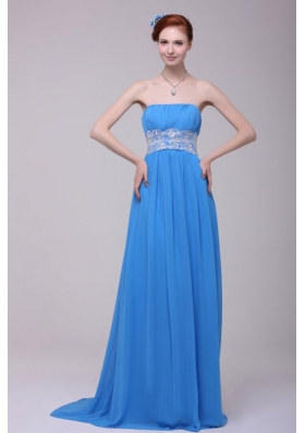 Teal Strapless Empire Chiffon Appliques Prom Dress with Brush Train