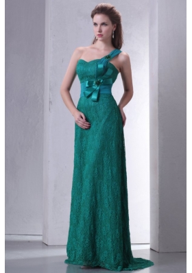 Turquoise Empire One Shoulder Lace Prom Dress with Flowers