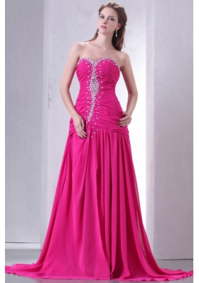 A-line Sweetheart Beading and Ruche Chiffon Prom Dress in Hot Pink
