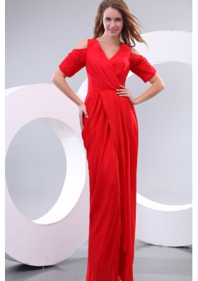 Red Column V-neck Floor-length Short Sleeves Prom Dress with Silt