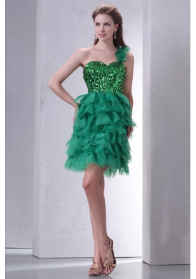 Green One Shoulder Mini-length Sequins and Ruffled Layers Prom Dress