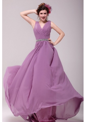 Beaded Decorate Waist V-neck Chiffon Lilac Prom Dress for Girls