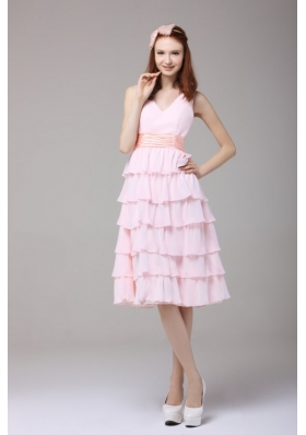 Cute Princess Baby Pink V-neck Ruffled Layers Ruching Prom Dress