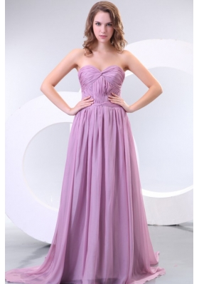 Empire Sweetheart Lilac Chiffon Ruche Prom Dress with Watteau Train