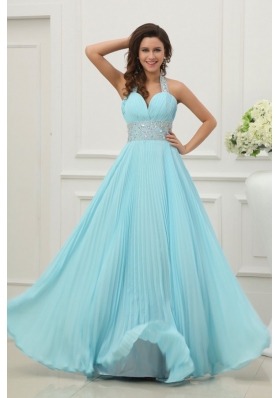 Light Blue Halter Top Neck Beading and Pleats Long Prom Dress