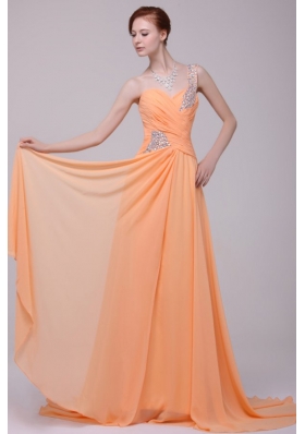 One Shoulder Chiffon Empire Rhinestone Decorate Prom Dress in Orange