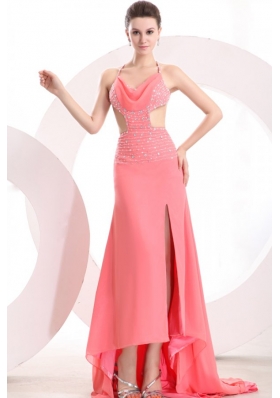 Watermelon Halter Top Neck High-low Beading Chiffon Prom Dress