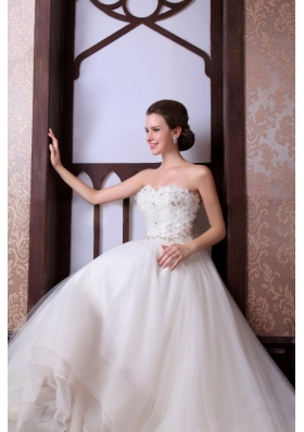 A-Line Sweetheart Floor-length Beading Tulle Wedding Dress