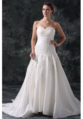 A-Line Sweetheart Taffeta Appliques Court Train Lace Up Wedding Dress