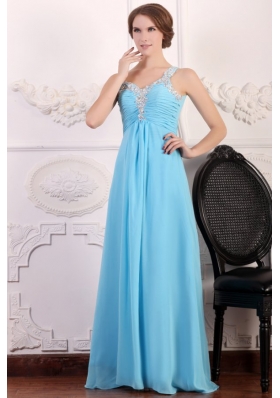 Aqua Blue One Shoulder Empire Chiffon Beaded Decorate Prom Dress