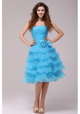 Baby Blue Princess Strapless Ruffled Layers Bow Prom Dress