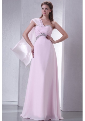 Baby Pink One Shoulder Beaded Decorate Chiffon Empire Prom Dress