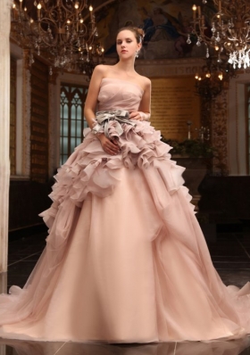 Ball Gown Strapless Champagne Ruffles Organza Wedding Dress with Court Train