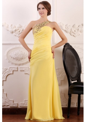 Beaded Decorate One Shoulder Yellow Chiffon Column Prom Dress