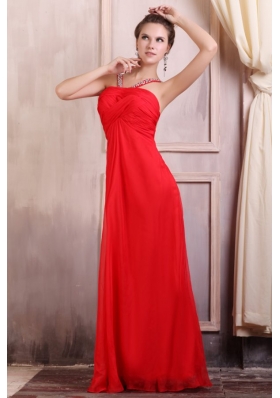 Beaded Decorate Straps Chiffon Long Red Prom Dress with Ruched