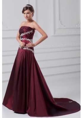Burgundy A-line Prom Dress with Appliques Chapel Train