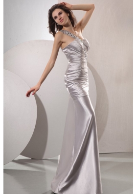 Column Beaded Decorate One Shoulder Long Prom Dress in Gray